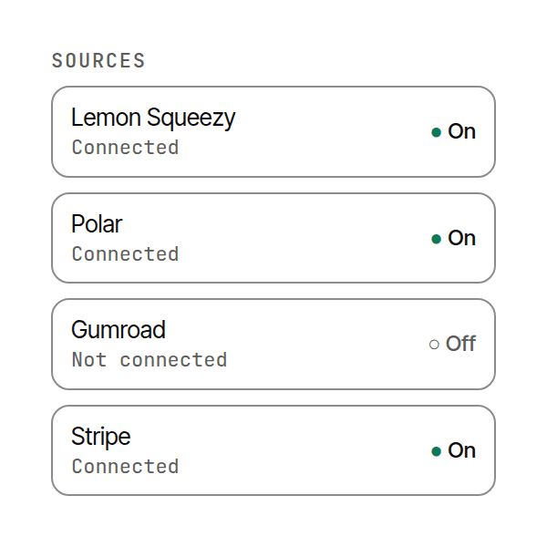 Connect sources panel with example store connections